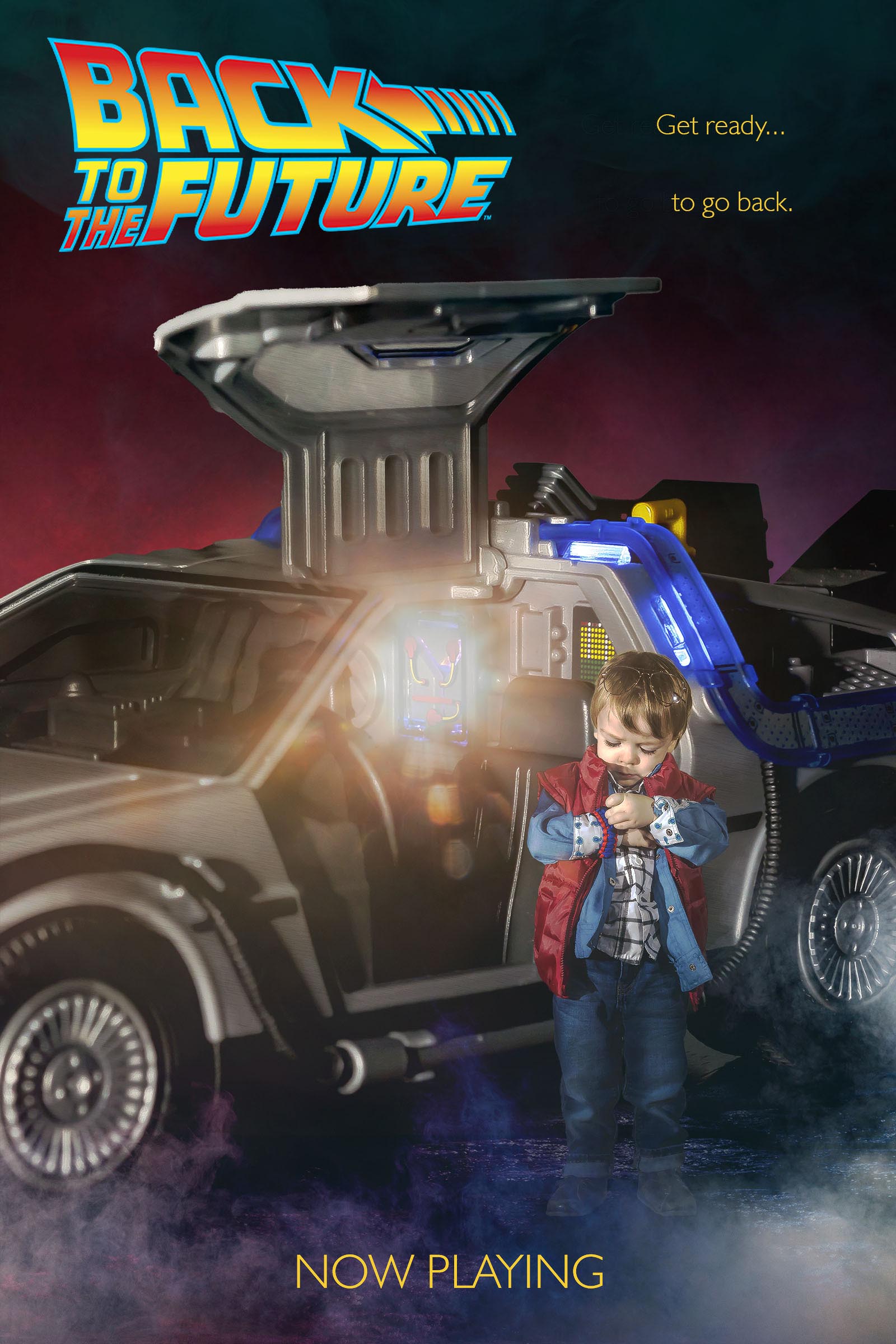 Young boy Marty McFly with DeLorean Back to the Future poster composite by Vaudreuil-Soulanges and West Island of Montreal photographer Tobi Malette
