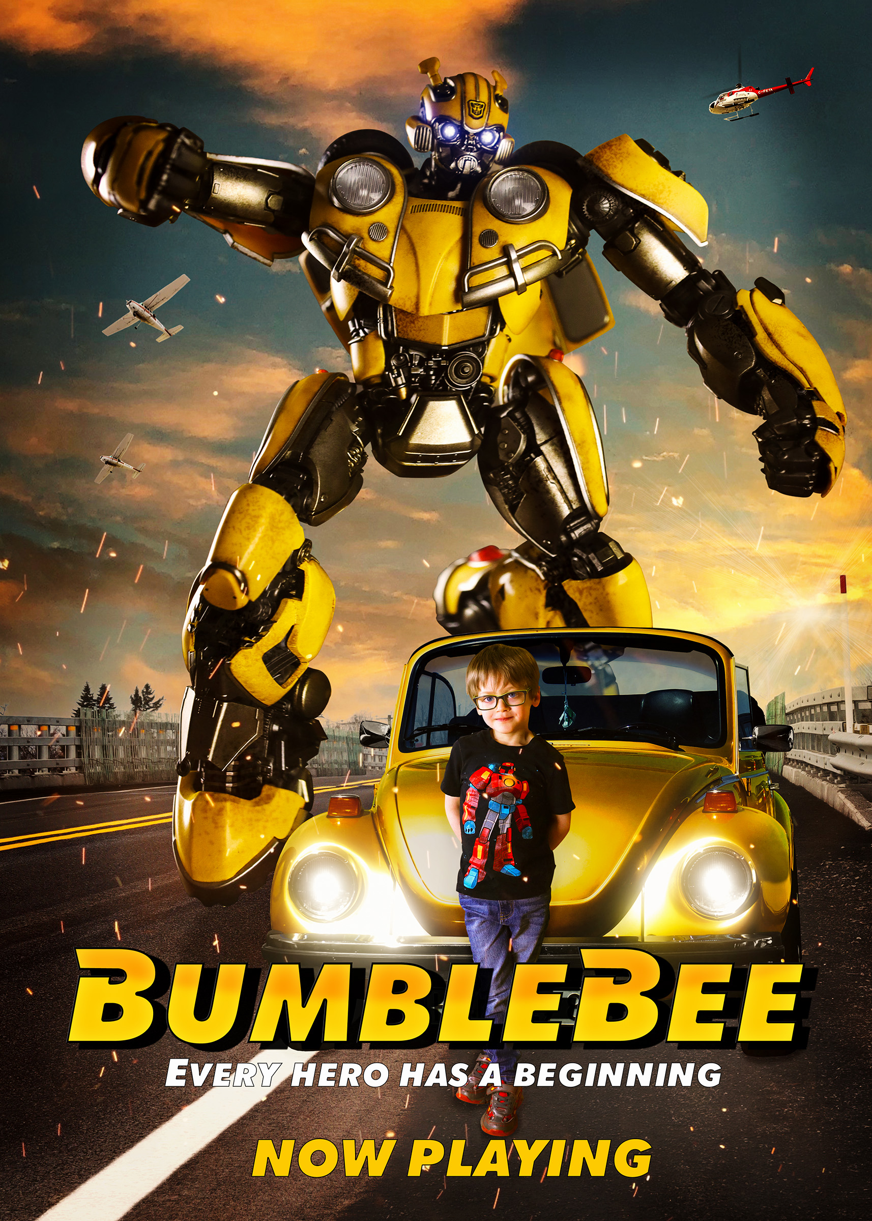 Composite of boy and Tranformers Bumblebee action poses movie poster with old yellow volswagen beetle car, airplanes and a helicopter flying in the sky fire sparks by Vaudreuil-Soulanges and West Island of Montreal photographer Tobi Malette