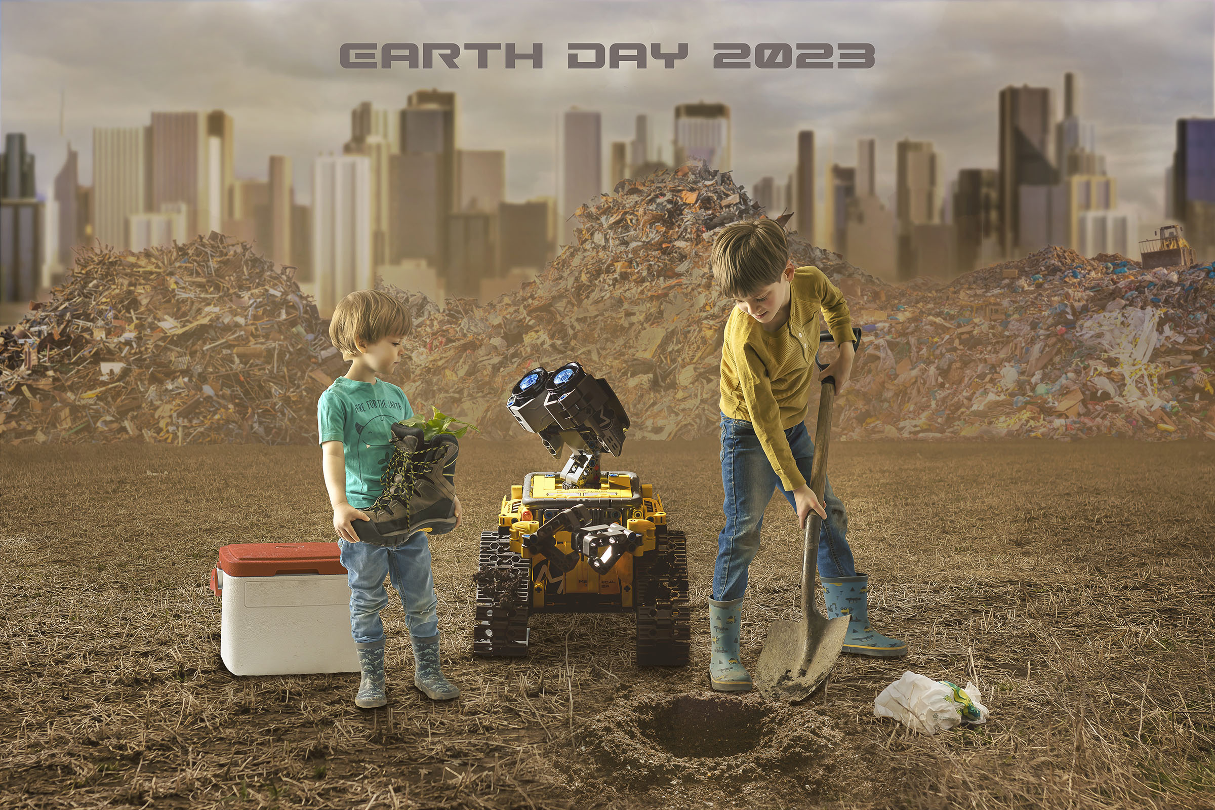 Composite of two boys with a robot one boy digging hole other boy holding boot with plant apocalyptic background by Vaudreuil-Soulanges and West Island of Montreal photographer Tobi Malette