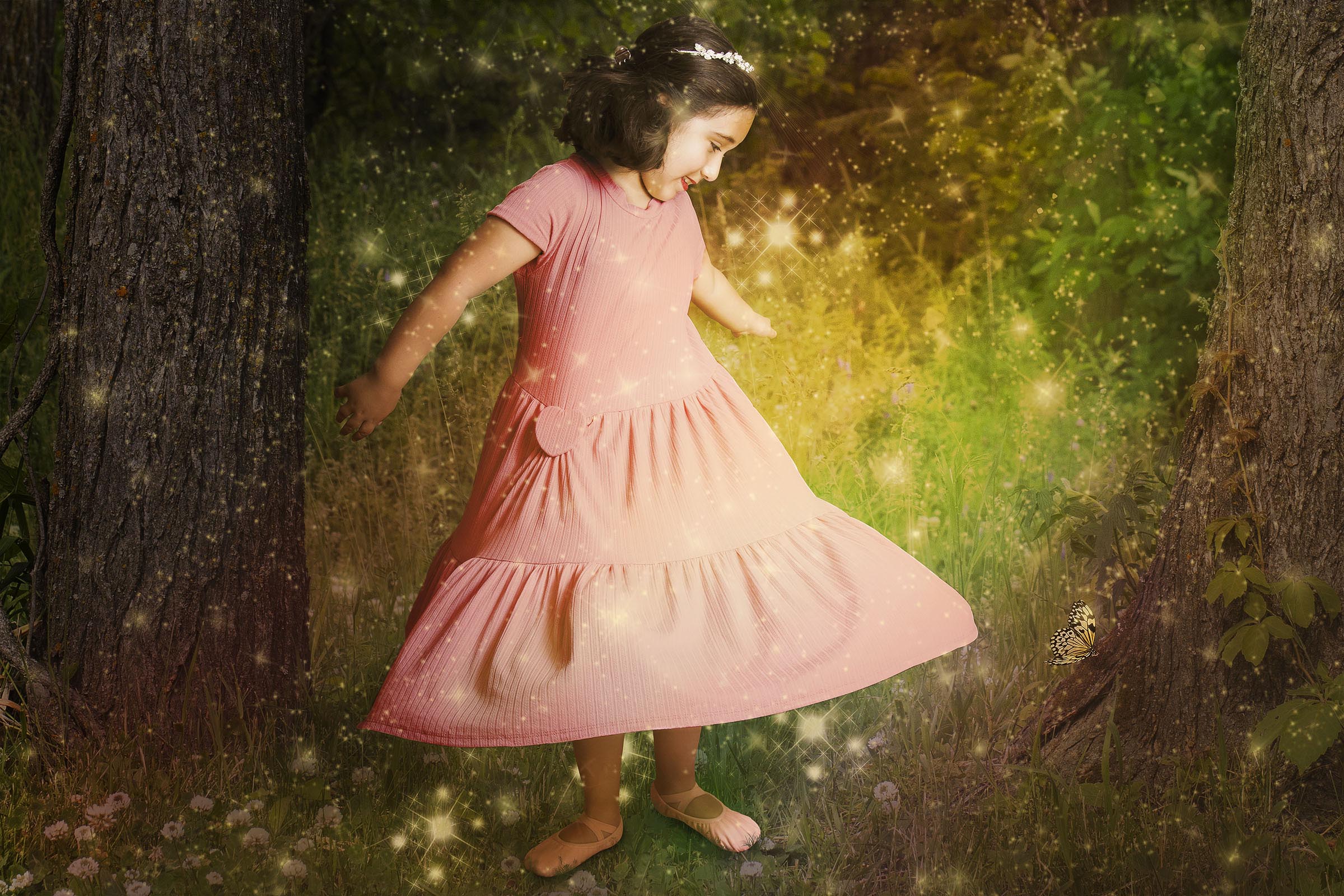 Princess girl dancing in the forest with butterfly composite by Vaudreuil-Soulanges and West Island of Montreal photographer Tobi Malette