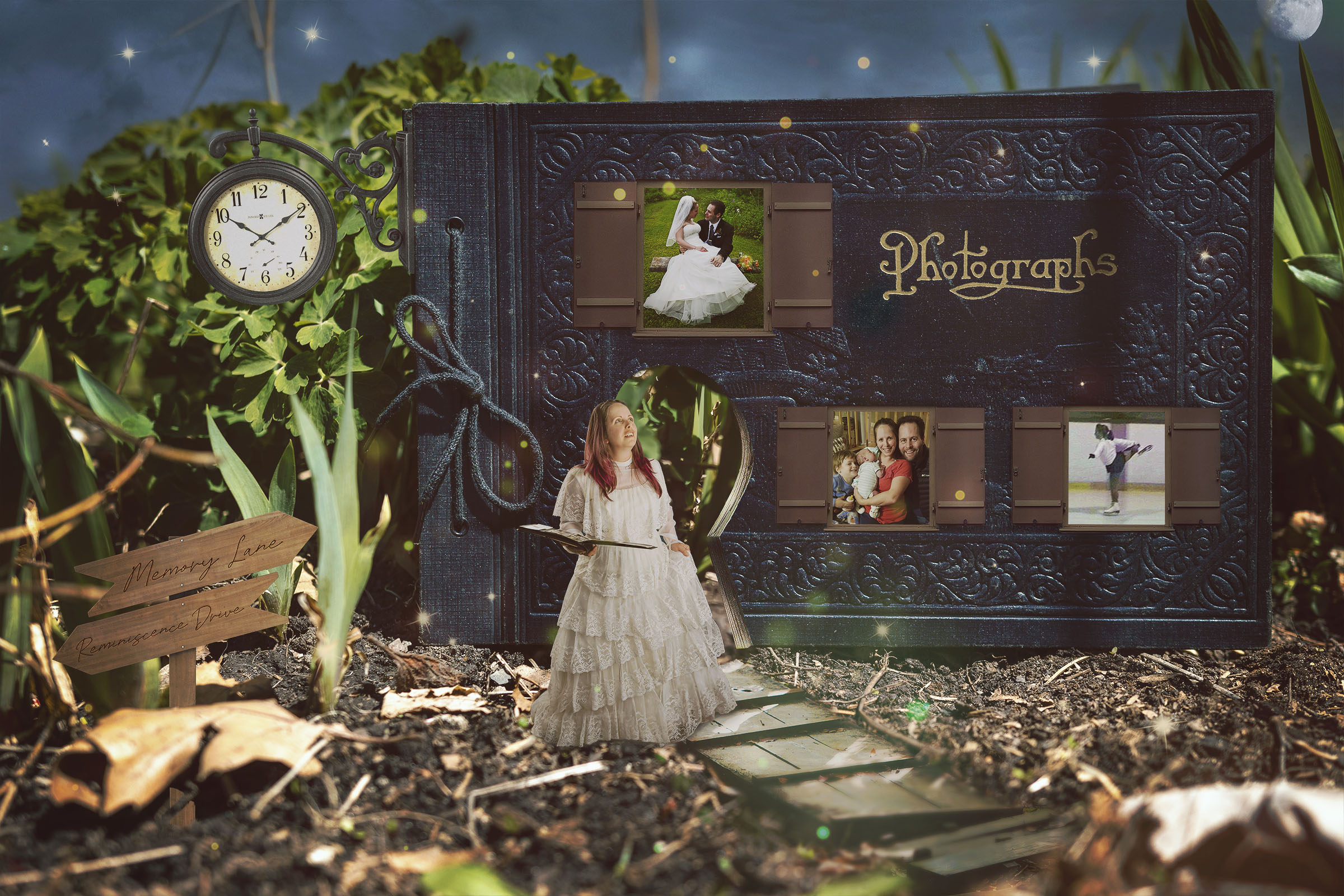 Composite self-portrait of woman wearing a white lace dress walking on a path in front a large photo album house background by Vaudreuil-Soulanges and West Island of Montreal photographer Tobi Malette